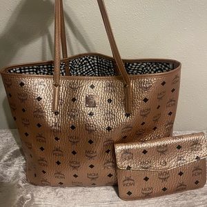 Rose Gold MCM tote bag.
